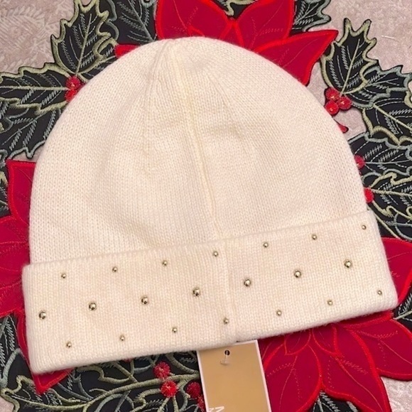 Brand New Michael Kors Cream Knit Beanie Hat w/ Gold Tone Metal Logo & Studs main image 4